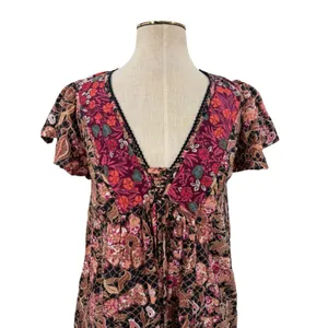 Anthropologie Floral Printed Tunic Dress Mixed Print V Neck Black Brown Size XXS thumbnail 4