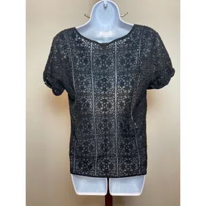 Ann Taylor Sheer Lace High‑Low Short Sleeve Top Size M Black Cotton thumbnail 3