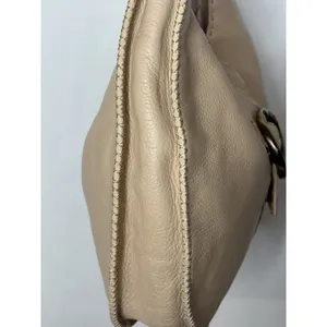 Donald J Pliner Beige Pebbled Leather Whipstitch Hobo Shoulder Bag Brass Ring thumbnail 6