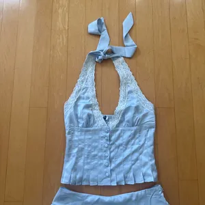 Princess Polly Over Here satin blue with lace trim halter top and skort set thumbnail 4