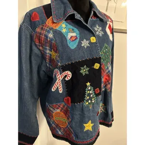 Christmas Jean Shacket Holiday Theme Shirt Size Small Blue Denim Vintage Xmas thumbnail 4