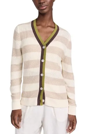 Kule Striped Cardigan Sweater Cream Tan Green Brown Trim V-Neck Size L thumbnail 1