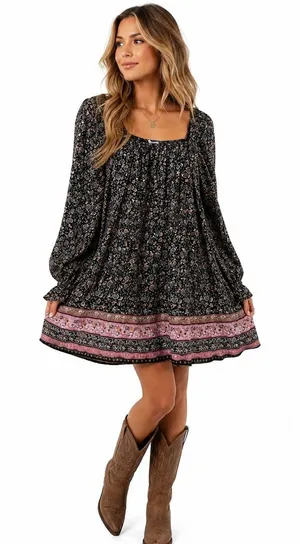 NWT Wonderly Desert Wonderer Floral Paisley Mini Dress Black Boho Smocked Size L thumbnail 1