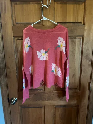 Show Me Your MuMu Coral Pink Floral Distressed Crewneck Sweater Size medium thumbnail 7
