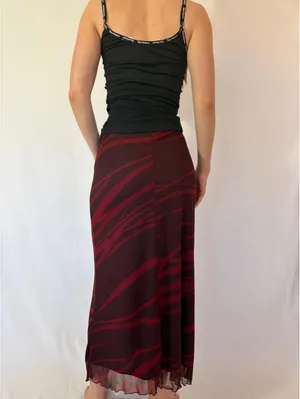 Dark Red Y2K Vintage Mesh Overlay Abstract Maxi Skirt thumbnail 5