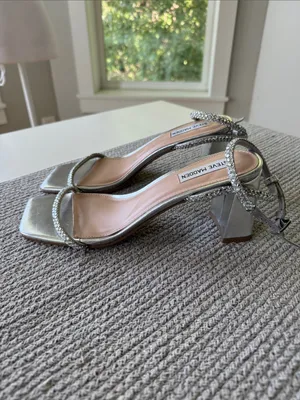 Steve Madden Hurrah Silver Rhinestone Strap Square-Toe Heels Sandals Sz 9 thumbnail 9
