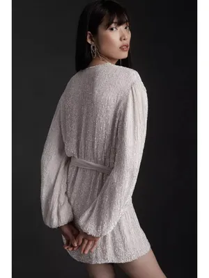 NWT retrofete Gabrielle Robe in Moonglow White Sequin Mini Wrap Dress S $635 thumbnail 3