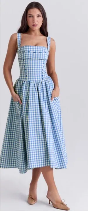 HOUSE OF CB 'Vivien' Regatta Blue Gingham Midi Sundress NEW thumbnail 1