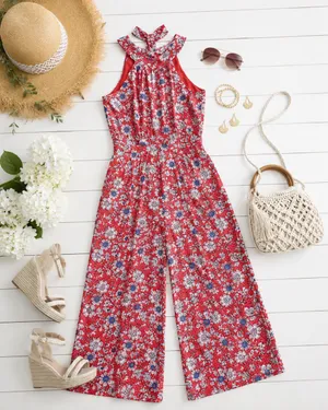 Loft Red Floral Jumpsuit Halter Neck thumbnail 2