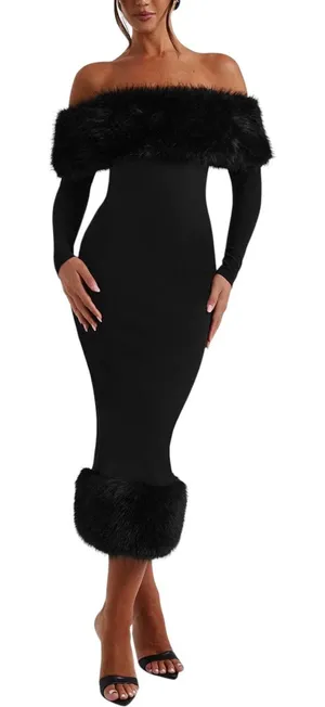 NWT Babyboo Vittoria Off Shoulder Black Faux Fur Trim Bodycon Midi Dress XS thumbnail 1