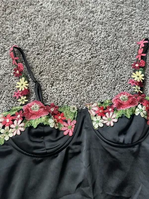 NanaMacs Black Mini Dress with Pink & Green Floral Appliqué thumbnail 3