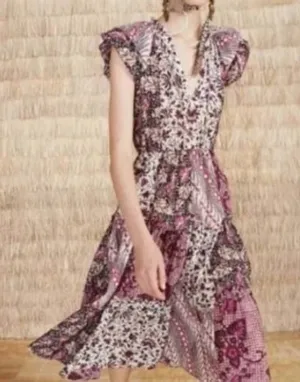 Ulla Johnson Asis Midi Dress Cotton Silk Batik Floral Tiered Purple Fuchsia 0 thumbnail 1