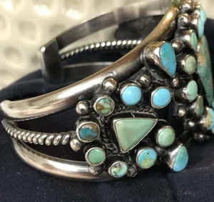 Navajo Indian 70 grams Sterling Silver Turquoise Cluster Bracelet Signed thumbnail 4