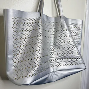Saks Fifth Avenue Silver Laser Cut Tote Bag Reusable Shopping Bag thumbnail 2