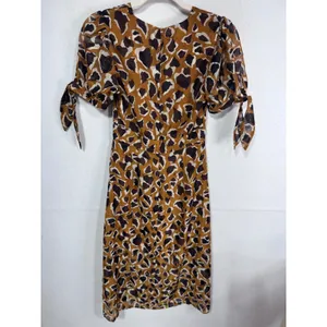 JOA XS‎ Brown Animal Print Midi Dress Women Puff Sleeve Tie Cuff thumbnail 8
