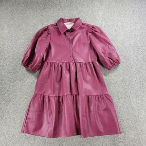 Karlie Womens Faux Leather Dress S Red Puff Sleeve Tiered Button Front Collared thumbnail 3