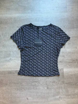 NWT White Fox All For Attention Monogram Sheer Short Sleeves Charcoal Top Size M thumbnail 2