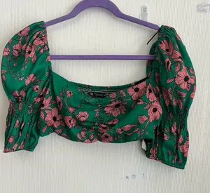 Zara Green Crop Top with Pink Floral Print thumbnail 1