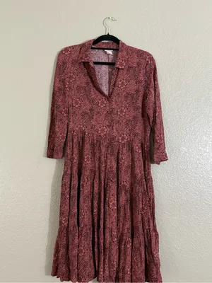 Morris & Co x H&M 6 William Morris Floral Tiered Midi Shirt Dress Burgundy Fall thumbnail 8