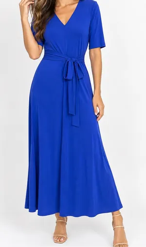 MSK Royal Blue Tie Waist V Neck Maxi Dress Short Sleeve Stretch. Size S thumbnail 1