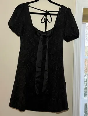 Lulus Black Jacquard Dress Bow Front Tie Across the Back Size Large NWT thumbnail 1