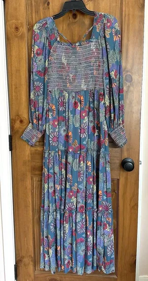 Gypsy Love Maxi Dress Med Tiered Balloon Sleeve Smocked Floral Mod Boho Peasant thumbnail 1