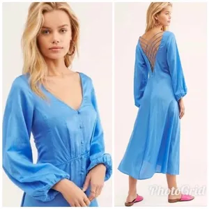 FREE PEOPLE Later Days Blue Button Front Long Sleeve Midi Dress Size‎ 0 New thumbnail 13