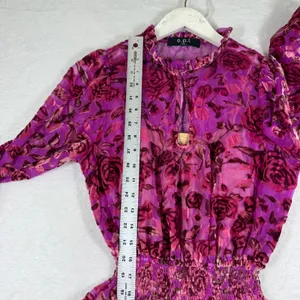 o.p.t Womens Floral Burnout Velvet Mini Dress Magenta Pink Smocked‎ Waist XS thumbnail 5