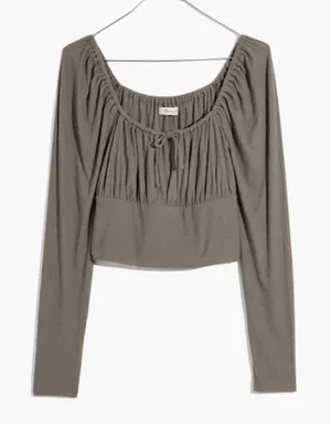 Madewell Ribbed Square Neck Keyhole Tie‎ Long Slv Crop Top Medium Brown Hipster thumbnail 1
