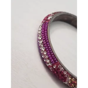 Vintage Bracelet / Bangle - Pink, Clear Gems & Light Gold Tone Gems 7" thumbnail 3