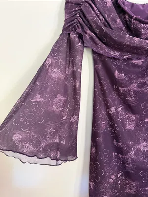 Purple Off-shoulder Long Sleeve Mini Dress with Draped Neck and Bell Sleeves thumbnail 2