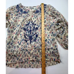 World Market Floral Embroidered Peasant Blouse Cream Blue‎ Pink S/M Smocked Top thumbnail 3