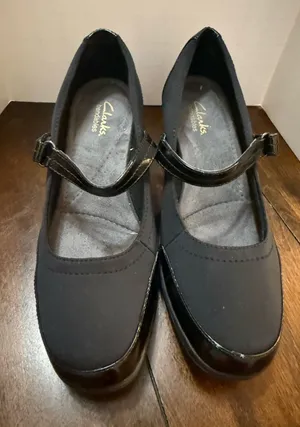 Clarks | Bendables Black Mary Jane Wedge Sandals | Size 7.5M thumbnail 1