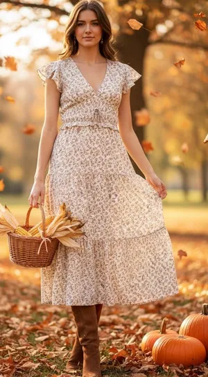 Boho Floral Tiered Maxi Dress V-Neck Smocked Waist Cream SzM Perfect for Fall! thumbnail 1