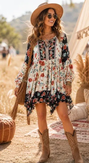 Patrons of Peace Women’s Boho Floral Babydoll Tunic Dress Sz L Festival Coastal thumbnail 1