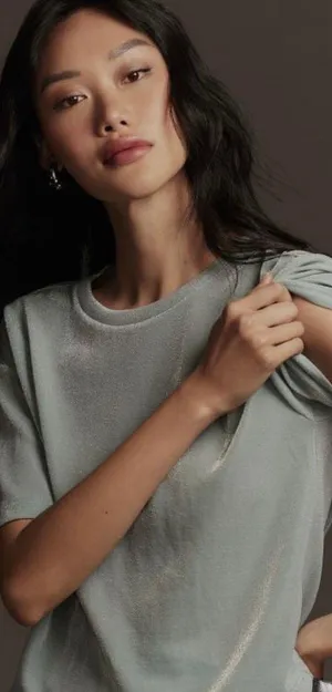 Anthropologie NWT $68 By Sky Blue Short-Sleeve Shine Cropped Pullover Tee M thumbnail 2