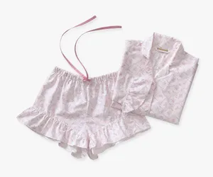 LoveShackFancy Floral Trellis Pajama Set Ruffle Bow Button Top Shorts Large NWT thumbnail 1