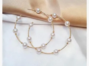 Gold and Pearl Hoop Earrings thumbnail 1