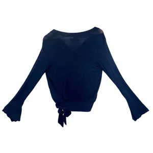 Abercrombie & Fitch Black Knit Tie V-Neck Long Sleeve Wrap Crop Top Blouse Sz S thumbnail 3