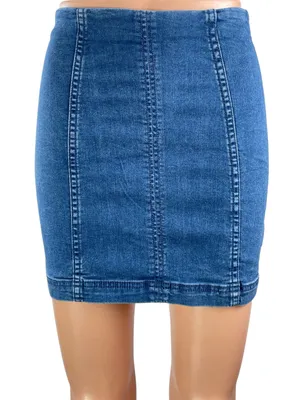 Free People Women's Blue Medium Wash High Waist Denim Jean Pencil Mini Skirt 0 thumbnail 1