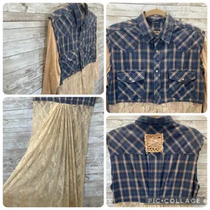 Vtg Gypsy South Atlanta L Reworked Sleeveless Plaid Lace Tunic Vest & Shirt Y2K‎ thumbnail 5