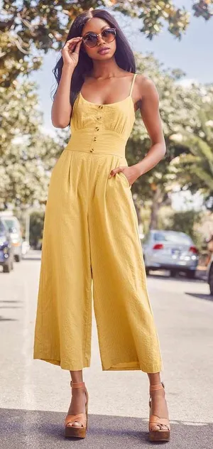 NWT Lulus Coastal Air Mustard Yellow Striped Tie-Back Culotte Jumpsuit Sz XL thumbnail 1