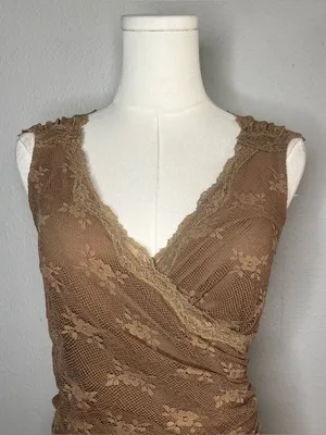 Y2K Ann Ferriday Tan Floral Mesh Lace Surplice Sleeveless Fairycore Blouse thumbnail 3