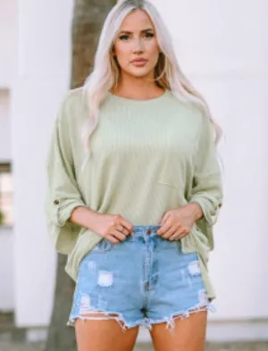 NEW Pale Green Ribbed Oversized Slouchy Roll Tab Sleeve Top Size Small thumbnail 6