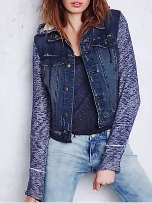 Free People Distressed Denim Jean Jacket W/ Knit Sleeves & Hood thumbnail 13