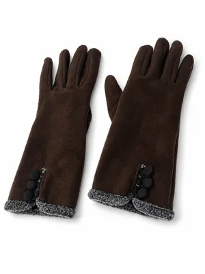 ONE SIZE Brown Faux Suede Fleece Lined Winter Gloves Button Cuff thumbnail 2