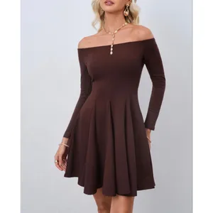 NEW Brown Off The Shoulder Long Sleeve A Line Pleated Mini Dress S thumbnail 6