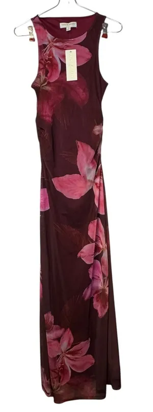 Thirty/Thirty Womens Dress Maxi Floral Sheer Sleeveless Boho Burgundy Small NWT thumbnail 1
