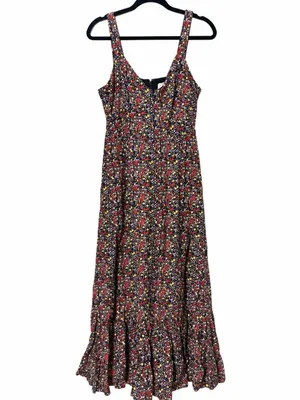 J. Crew Factory Navy Blue Multi Color Floral Ruffle Hem Linen Blend Midi Dress 6 thumbnail 3