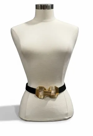 Zara Black Belt with Oversized Textured Gold Geometric Buckle Small/Medium thumbnail 1
